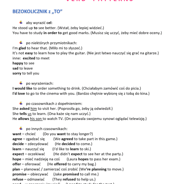 Verb patterns - notatka, materiały do lekcji