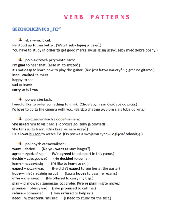 Verb patterns - notatka, materiały do lekcji