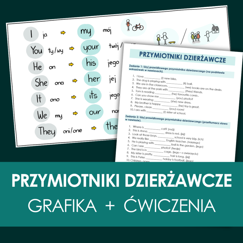Karta pracy i grafika edukacyjna z przymiotnikami dzierżawczymi z języka angielskiego