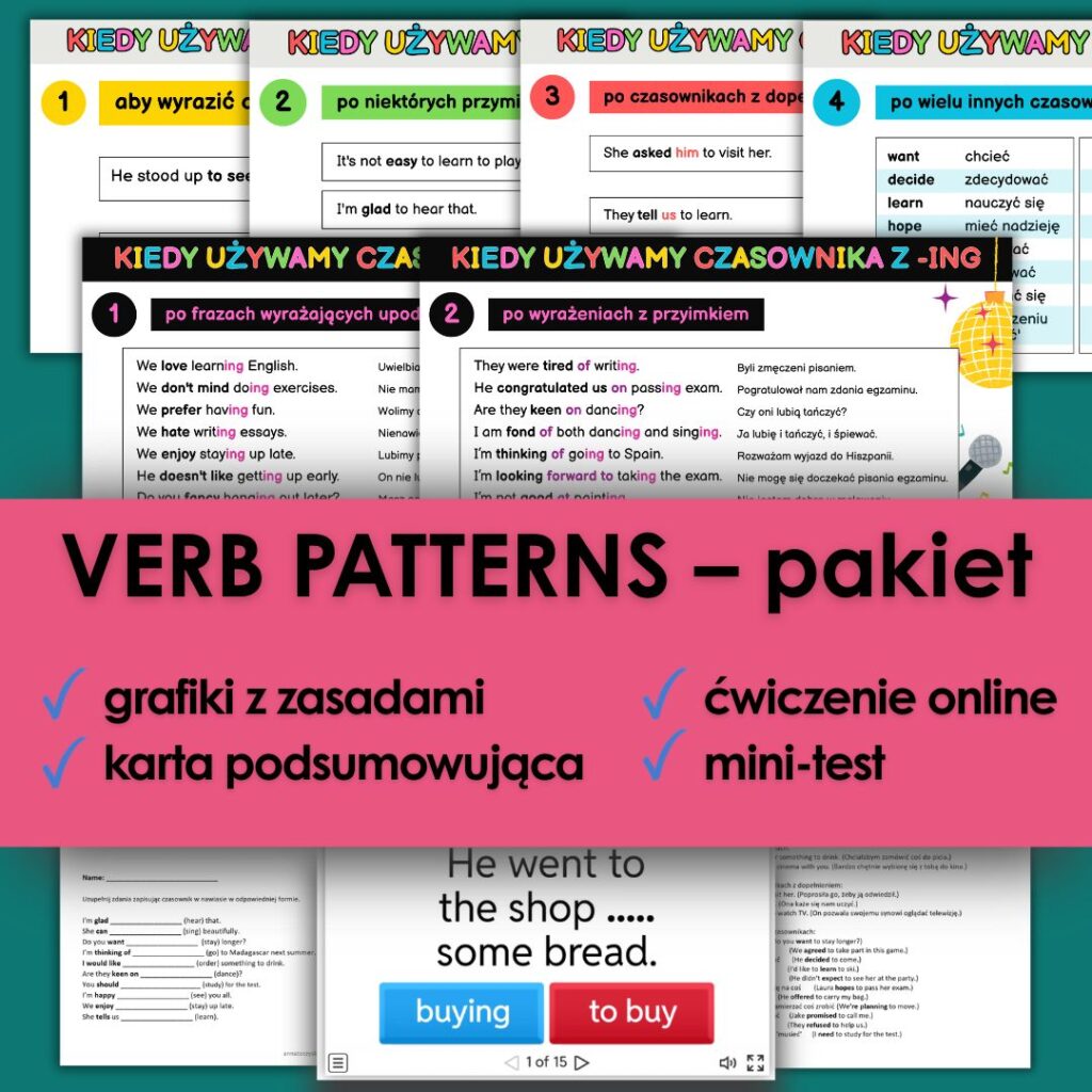 Czasowniki z TO ING grafiki ćwiczenia pakiet