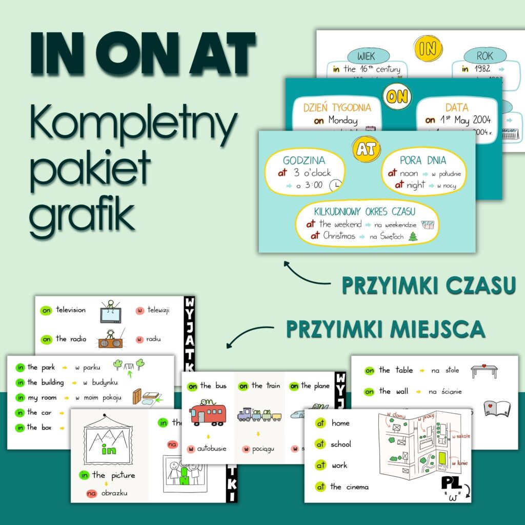 PRZYIMKI IN, ON, AT - Kompletny pakiet grafik